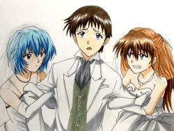 Rule 34 | 1boy, 2girls, angry, ayanami rei, blue hair, breasts, bridal veil, brown hair, cleavage, clenched teeth, dress, elbow gloves, formal, girl sandwich, gloves, ikari shinji, jewelry, long hair, multiple girls, necklace, neon genesis evangelion, polygamy, red hair, sandwiched, short hair, souryuu asuka langley, suit, teeth, veil, wedding, wedding dress, white dress, white gloves