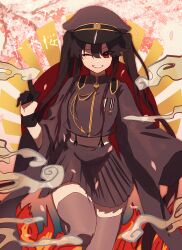 Rule 34 | 1girl, absurdres, alternate costume, alternate hairstyle, beam107, black gloves, black hair, black jacket, black skirt, black thighhighs, black wristband, cherry blossoms, cosplay, cropped jacket, fate/grand order, fate (series), fire, foot out of frame, foot up, gloves, grin, half gloves, hand up, hat, highres, jacket, long hair, long sleeves, looking at viewer, medal, military jacket, oda nobunaga (fate), oda nobunaga (koha-ace), one eye closed, peaked cap, pleated skirt, pointing, pointing up, red hair, senbon-zakura (vocaloid), shirt, skirt, smile, solo, song name, standing, standing on one leg, sunburst, sunburst background, thighhighs, translated, twintails, vocaloid, white shirt, whorled clouds, wide sleeves, zettai ryouiki