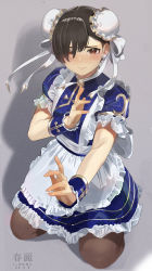 Rule 34 | 1girl, absurdres, alternate costume, apron, black pantyhose, blue dress, blush, bracelet, bracer, brown eyes, brown hair, bun cover, capcom, china dress, chinese clothes, chun-li, dated, double bun, dress, earrings, embarrassed, enmaided, frilled apron, frills, hair bun, highres, jewelry, kneeling, looking at viewer, maid, pantyhose, puffy short sleeves, puffy sleeves, qi maid, short sleeves, signature, solo, street fighter, sweatdrop, tatedano kabae, waist apron, white apron