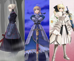 Rule 34 | 00s, 3girls, ahoge, armor, armored dress, artoria pendragon (fate), blonde hair, blood, caliburn (fate), capcom, dress, excalibur morgan (fate), fate/stay night, fate/unlimited codes, fate (series), gauntlets, green eyes, hair ribbon, multiple girls, ponytail, ribbon, saber (fate), saber alter, saber lily, sheath, sheathed, sugar (sugarless), sword, unsheathing, weapon