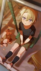 Rule 34 | 1boy, absurdres, aged down, black shirt, black socks, blonde hair, child, commentary, green shorts, highres, looking at viewer, looking up, luca kaneshiro, male focus, nijisanji, nijisanji en, parted lips, playground, purple eyes, salty gana, shirt, short sidetail, shorts, sitting, socks, solo, stuffed animal, stuffed lion, stuffed toy, swing, symbol-only commentary, t-shirt, virtual youtuber
