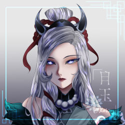 Rule 34 | absurdres, artist name, bare shoulders, bead necklace, beads, blue eyes, caitlyn (league of legends), closed mouth, glowing, glowing eyes, gradient background, grey background, grey hair, hair ornament, highres, jewelry, kaizy (kaizy 07), league of legends, long hair, necklace, official alternate costume, official alternate hairstyle, portrait, red lips, snow moon caitlyn, tagme, translation request
