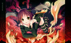Rule 34 | 1girl, absurdres, fang, fire, highres, horns, kantoku, moon, red hair, socks, solo, striped clothes, striped socks, striped thighhighs, thighhighs, wings, yellow eyes