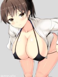 Rule 34 | 10s, 1girl, bikini, black bikini, blush, breasts, brown eyes, brown hair, cleavage, closed mouth, collarbone, covered erect nipples, embarrassed, gin&#039;ichi (akacia), grey background, groin, highres, huge breasts, japanese clothes, kaga (kancolle), kantai collection, large breasts, leaning forward, long sleeves, looking at viewer, open clothes, side ponytail, simple background, solo, swimsuit, undressing, wide sleeves