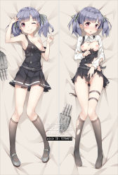 Rule 34 | 10s, 1girl, ;), ass, bakugadou, bare shoulders, bed sheet, belt, blue hair, blush, breasts, buttons, dakimakura (medium), dress, full body, grey footwear, grey legwear, hair ribbon, kantai collection, knees together feet apart, looking at viewer, lying, machinery, multiple views, navel, nipples, no shirt, on back, one eye closed, ooshio (kancolle), pinafore dress, red eyes, remodel (kantai collection), ribbon, school uniform, shirt, shoes, short twintails, sleeveless, sleeveless dress, small breasts, smile, suspenders, thigh gap, thighs, torn clothes, torn dress, torn shirt, twintails, watermark