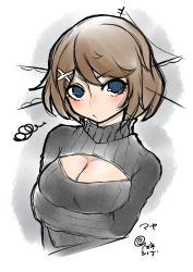 Rule 34 | 10s, 1girl, amane shinobu, blue eyes, blush, breast hold, breasts, brown hair, cleavage, cleavage cutout, clothing cutout, hair ornament, hairclip, headgear, highres, kantai collection, maya (kancolle), medium breasts, meme attire, open-chest sweater, ribbed sweater, short hair, solo, @ @, sweater, turtleneck, upper body