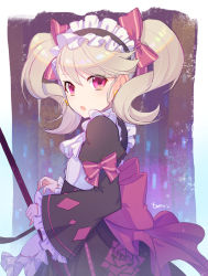 Rule 34 | 1girl, apron, blonde hair, bow, breasts, broom, chloe (epic seven), diamond (shape), earrings, epic seven, floral print, frilled apron, frilled hairband, frills, hair bow, hairband, highres, jewelry, karimo/konchi, long sleeves, looking at viewer, maid, maid headdress, open mouth, pink eyes, puffy long sleeves, puffy sleeves, signature, small breasts, star (symbol), star earrings, twintails