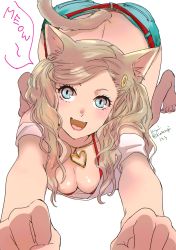 Rule 34 | 1girl, all fours, animal ears, blonde hair, blouse, blue eyes, breasts, cat ears, cat tail, cleavage, downblouse, fangs, highres, jewelry, looking at viewer, medium breasts, nail polish, necklace, open mouth, persona, persona 5, persona 5 scramble: the phantom strikers, shirt, short shorts, shorts, simple background, smile, solo, swept bangs, tagme, tail, takamaki anne, toenail polish, toenails, white background, white shirt