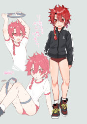 Rule 34 | 1boy, alexander (fate), arm support, black jacket, braid, braided ponytail, commentary request, crossdressing, eyelashes, fate/grand order, fate (series), feet out of frame, full body, grey background, gym shirt, gym shorts, gym uniform, hair between eyes, hand in pocket, highres, jacket, kawasemi (pocorit), legs, male focus, multiple views, open mouth, red eyes, red hair, ring fit adventure, shiny skin, shirt, shoes, shorts, sneakers, sound effects, sweatdrop, teeth, thigh strap, thighs, track jacket, translation request, trap, trembling, upper body, upper teeth only