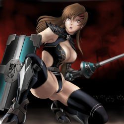 Rule 34 | 1girl, :o, armor, bad id, bad pixiv id, belt, black thighhighs, boots, breasts, brown eyes, brown hair, cameltoe, capcom, cleavage, cleavage cutout, clothing cutout, cloud, dark, flower, hair ornament, hairclip, highleg, highleg leotard, knee boots, kneeling, lance, large breasts, leotard, lipstick, long hair, looking away, makeup, midriff, monster hunter, monster hunter (series), monster hunter frontier, no bra, noir (armor), on one knee, open mouth, outdoors, parted bangs, partially visible vulva, polearm, shield, side slit, sky, solo, spear, spread legs, squatting, surprised, sword, thighhighs, turtleneck, wancozow, weapon, wedgie