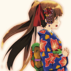 Rule 34 | 1girl, bai himo no wo suru onna, brown eyes, brown hair, character request, errant, flower, hair flower, hair ornament, hair ribbon, japanese clothes, kimono, long hair, obi, open mouth, own hands together, ponytail, profile, ribbon, sash, simple background, smile, solo