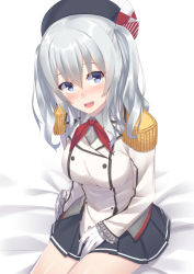 Rule 34 | 10s, 1girl, beret, blue eyes, blush, breasts, buttons, commentary request, epaulettes, female focus, gloves, hat, jacket, kantai collection, kashima (kancolle), kerchief, large breasts, long hair, looking at viewer, mikazuchi zeus, military, military uniform, sidelocks, silver hair, sitting, skirt, smile, solo, tsurime, twintails, uniform, wavy hair, white gloves