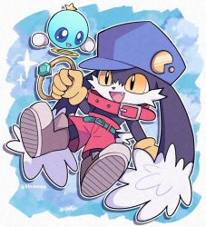 Rule 34 | animal ears, baseball cap, black fur, blue headwear, cabbit, collar, fang, furry, furry male, gem, gloves, green gemstone, hat, holding, holding jewelry, holding ring, huepow, jewelry, kaze no klonoa, klonoa, male focus, open mouth, pants, rabbit ears, red collar, red pants, ring, shoes, shorts, smile, tail, topless male, ttnoooo, white fur, yellow eyes, yellow gloves