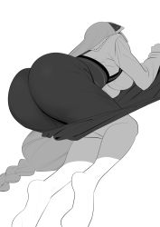 Rule 34 | 1girl, all fours, ass, barefoot, bent over, breasts, dress, feet, from behind, greyscale, highres, huge ass, large breasts, long hair, long sleeves, momoko (shoutao), monochrome, original, shoutao, solo, squatting, very long hair, white background