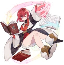 Rule 34 | 1girl, akym, ange katrina, ange katrina (1st costume), blue eyes, book, coat, crossed legs, full body, hair ornament, highres, holding, holding book, long sleeves, nijisanji, off-shoulder coat, off shoulder, one eye closed, open book, outstretched arm, red hair, short hair, simple background, smile, solo, tachi-e, virtual youtuber, white background