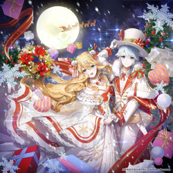 Rule 34 | 1boy, 1girl, :d, adjusting clothes, adjusting headwear, apple caramel, blonde hair, blue eyes, box, christmas, christmas tree, dress, flower, full moon, gift, gloves, hair ornament, holding hands, hat, heart-shaped box, highres, holly, moon, night, night sky, open mouth, original, poinsettia, reindeer, sky, sleigh, smile, snowflakes, watermark, white dress, white gloves, white hair, white headwear, wreath