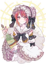 Rule 34 | 1girl, black bow, blonde hair, bottle, bow, breasts, brown eyes, brown hair, closed mouth, detached sleeves, dress, frilled sailor collar, frilled sleeves, frills, highres, holding, holding bottle, juliet sleeves, long sleeves, looking at viewer, medium breasts, multicolored hair, nail polish, omase (mnnk umai), original, puffy sleeves, red nails, sailor collar, sailor dress, sleeveless, sleeveless dress, sleeves past wrists, smile, solo, streaked hair, white background, white dress, white sailor collar, white sleeves, wide sleeves