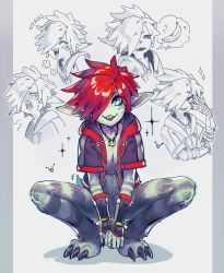 Rule 34 | 1boy, :3, alternate form, banana, blue eyes, claws, fingerless gloves, food, fruit, gloves, hair over one eye, hood, hoodie, jewelry, jotaku, kingdom hearts, kingdom hearts iii, laughing, looking at viewer, male focus, monster boy, necklace, open clothes, open hoodie, pointy ears, red hair, smile, solo, sora (kingdom hearts), spiked hair, squatting, sweatdrop, zipper