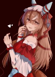 Rule 34 | 1girl, animal ears, breasts, commentary request, detached sleeves, fingernails, hair between eyes, hair ornament, heart, highres, horse ears, horse girl, horse tail, long hair, looking at viewer, medium breasts, open mouth, red background, red eyes, ribbon, sb (akagikeai), solo, still in love (umamusume), string, string of fate, tail, umamusume, veil