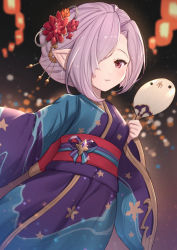Rule 34 | 1girl, blue kimono, blurry, blurry background, blush, commentary request, depth of field, granblue fantasy, hair over one eye, hand fan, harvin, highres, holding, holding fan, japanese clothes, kimono, long sleeves, looking at viewer, niyon (granblue fantasy), obi, paper fan, pink hair, pointy ears, purple kimono, red eyes, sash, solo, uchiwa, uneg, wide sleeves, yukata