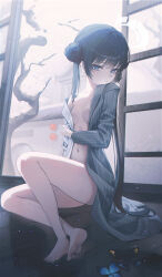 1girl absurdres architecture bare_legs barefoot black_coat black_hair blue_archive breasts closed_mouth coat commentary domi_(hongsung0819) double_bun east_asian_architecture grey_eyes grey_halo hair_bun halo highres kisaki_(blue_archive) long_sleeves looking_at_viewer naked_coat navel open_clothes open_coat shouji single_bare_shoulder single_off_shoulder sliding_doors small_breasts toes twintails