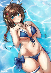 Rule 34 | 1girl, alternate costume, arthur ko, bikini, blue bikini, blue eyes, blush, braid, braided ponytail, breasts, cleavage, closed mouth, commentary request, cowboy shot, front-tie bikini top, front-tie top, groin, hair flaps, highres, jewelry, kantai collection, large breasts, long hair, navel, partially submerged, ring, shigure (kancolle), shigure kai san (kancolle), side-tie bikini bottom, smile, solo, swimsuit, thigh strap, water, wedding ring, wet, wet clothes, wet swimsuit