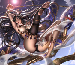 Rule 34 | 1girl, anklet, armlet, ass, asymmetrical sleeves, bare shoulders, black hair, breasts, bridal gauntlets, commentary, crown, detached collar, earrings, elbow gloves, fate/grand order, fate (series), flying, full body, gloves, hair ribbon, heavenly boat maanna, highres, hoop earrings, ishtar (fate), jewelry, liang xing, long hair, looking at viewer, medium breasts, navel, neck ring, outdoors, parted bangs, pelvic curtain, red eyes, ribbon, signature, single elbow glove, single thighhigh, smile, solo, sun, thighhighs, toeless legwear, two side up, uneven sleeves, very long hair, weapon