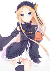 Rule 34 | 1girl, abigail williams (fate), asymmetrical legwear, black bow, black dress, black hairband, black hat, black thighhighs, blonde hair, blue eyes, blush, bow, bug, butterfly, butterfly hair ornament, closed mouth, commentary request, detached sleeves, dress, fate/grand order, fate (series), forehead, frilled dress, frilled hairband, frilled shirt collar, frills, gradient background, grey background, hair ornament, hairband, hat, head tilt, highres, hugging object, insect, juliet sleeves, long hair, long sleeves, meuneyu, orange bow, parted bangs, puffy sleeves, ribbon-trimmed sleeves, ribbon trim, single thighhigh, sleeves past fingers, sleeves past wrists, smile, solo, stuffed animal, stuffed toy, teddy bear, thighhighs, uneven legwear, very long hair, white background