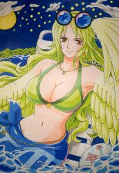 Rule 34 | 1girl, absurdres, adjusting eyewear, artist name, bikini, breasts, chair, cleavage, cloud, commentary, ear piercing, english commentary, feathered wings, feathers, green bikini, green feathers, green hair, green wings, harpy, highres, jewelry, large breasts, long hair, looking at viewer, lounge chair, midriff, monet (one piece), monster girl, moon, navel, necklace, one piece, piercing, round eyewear, sky, smile, solo, star (sky), starry sky, strawhatsnami, swimsuit, water, winged arms, wings, yellow eyes