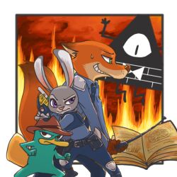 Rule 34 | 1girl, 3boys, bill cipher, book, cat-299, crossover, disney, fox, gravity falls, judy hopps, multiple boys, nick wilde, no humans, perry the platypus, phineas and ferb, platypus, police, police uniform, rabbit, uniform, zootopia