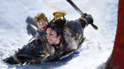 Rule 34 | 2boys, :d, anduin wrynn, armor, artist name, black hair, blonde hair, child, dousanxian, father and son, fur, highres, laughing, magic, multiple boys, open mouth, realistic, sliding, smile, snow, staff, sword, varian wrynn, warcraft, weapon, aged down