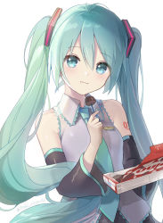 Rule 34 | 1girl, :t, antenna hair, aqua necktie, bare shoulders, black skirt, black sleeves, blue eyes, breasts, chocolate, closed mouth, collared shirt, commentary request, detached sleeves, eating, food, green hair, grey shirt, hair between eyes, hand up, hatsune miku, highres, holding, holding food, long hair, long sleeves, looking at viewer, necktie, shirt, simple background, skirt, sleeveless, sleeveless shirt, small breasts, solo, tsukiringo, very long hair, vocaloid, wavy mouth, white background, wide sleeves