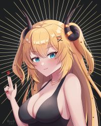 Rule 34 | 1girl, akai haato, alternate costume, black background, blonde hair, blue eyes, breasts, cleavage, dated, demon horns, hair ornament, hairclip, hand gesture, heart, heart hair ornament, highres, hololive, horns, jewelry, jisas, large breasts, long hair, looking at viewer, nail polish, sideboob, simple background, solo, sunburst, virtual youtuber