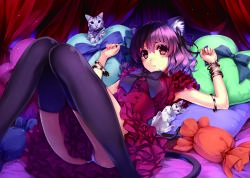 Rule 34 | 1girl, animal, animal ears, aqua bow, bed, bed sheet, black bow, black ribbon, black thighhighs, blue bow, blush, bow, bracelet, cat, cat ears, cat tail, copyright request, fingernails, frilled sleeves, frills, heart, heart-shaped pillow, jewelry, looking at viewer, lying, misaki kurehito, on back, on bed, panties, pantyshot, parted lips, pillow, pink hair, red eyes, ribbon, shiny skin, short sleeves, solo, tail, thighhighs, underwear