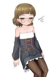 Rule 34 | 1girl, absurdres, alternate breast size, alternate costume, black dress, black pantyhose, blunt bangs, brown eyes, brown hair, dress, eyewear strap, feet out of frame, flat chest, glasses, highres, invisible chair, kantai collection, maru (marg0613), one-hour drawing challenge, pantyhose, pince-nez, roma (kancolle), short hair, simple background, sitting, solo, strapless, strapless dress, white background