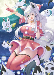Rule 34 | 1girl, absurdres, ahoge, animal ear fluff, animal ears, belt, boots, braid, breasts, christmas, cityscape, cleavage, dress, fox ears, fox girl, fox tail, full moon, fur-trimmed dress, fur-trimmed headwear, fur trim, gloves, hat, highres, holding, holding sack, hololive, large breasts, moon, night, open mouth, red dress, red gloves, red hat, sack, santa boots, santa costume, santa dress, santa gloves, santa hat, shirakami fubuki, side braid, single braid, snow, snowing, solo, tail, thighs, uehiro, virtual youtuber, white hair