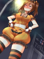 Rule 34 | 1girl, apotea, arrow (symbol), black hat, blush, bow, breasts, brown hair, cleavage, closed mouth, dutch angle, embarrassed, english text, female focus, from below, gloves, hair bow, hair tie, half-closed eyes, halloween, hands on own hips, hat, have to pee, highres, jewelry, lamppost, legs apart, medium breasts, medium hair, midriff, mini hat, navel, necklace, night, night sky, nose blush, orange bow, orange shirt, orange shorts, orange thighhighs, original, outdoors, polka dot, polka dot bow, puffy shorts, purple eyes, self wedgie, shirt, short shorts, short sleeves, shorts, sign, skindentation, sky, solo, standing, striped clothes, striped thighhighs, sweat, tears, textless version, thighhighs, trembling, twintails, wedgie, white gloves, witch hat