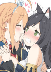 Rule 34 | 2girls, ahoge, animal ear fluff, animal ears, bare shoulders, black hair, blonde hair, blush, braid, cat ears, cat girl, closed eyes, commentary, covering another&#039;s mouth, detached sleeves, green eyes, hand on back, hand over another&#039;s mouth, heart, hug, imminent kiss, interlocked fingers, kani biimu, karyl (princess connect!), long hair, looking at another, motion lines, multiple girls, pecorine (princess connect!), portrait, princess connect!, sweatdrop, teeth, tiara, v-shaped eyebrows, wavy mouth, yuri