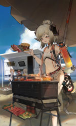 Rule 34 | 4girls, :p, absurdres, arknights, arm up, bare shoulders, beach umbrella, bikini, bikini skirt, blonde hair, blue sky, breasts, burger, choker, cloud, commentary, day, feet out of frame, food, grill, half updo, hand up, highres, holding, holding plate, horns, ifrit (arknights), ifrit (sunburn) (arknights), minamayumi, miniskirt, multiple girls, nail polish, navel, official alternate costume, orange choker, orange eyes, outdoors, plate, pointy ears, red hair, red nails, sandals, shining (arknights), shining (silent night) (arknights), short hair, silver hair, skirt, sky, small breasts, sora (arknights), sora (summer flowers) (arknights), standing, standing on one leg, stomach, swimsuit, toenail polish, toenails, tongue, tongue out, twintails, umbrella, vigna (arknights), vigna (casual vacation) (arknights), white bikini, white skirt
