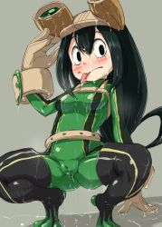 Rule 34 | 10s, 1girl, 4shi, :&gt;, arm support, ass, asui tsuyu, belt, black eyes, black hair, blush, bodysuit, boku no hero academia, boots, breasts, cameltoe, eyelashes, frog girl, full body, gloves, gluteal fold, goggles, goggles on head, grey background, hair between eyes, hair rings, highres, long hair, looking at viewer, low-tied long hair, monster girl, shiny clothes, simple background, sketch, skin tight, small breasts, solo, spread legs, squatting, thigh boots, thighhighs, tongue, tongue out, wet