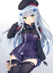 Rule 34 | 1girl, :o, belt, belt pouch, beret, black hat, black thighhighs, blush, breasts, buttons, commentary, cowboy shot, cross hair ornament, facial mark, floating hair, girls&#039; frontline, gloves, gradient background, green eyes, grey background, hair ornament, hand up, hat, head tilt, hk416 (girls&#039; frontline), jacket, long hair, long sleeves, looking at viewer, medium breasts, military, military uniform, miniskirt, nibiiro shizuka, parted lips, plaid, plaid skirt, pleated skirt, pouch, purple jacket, purple skirt, sidelocks, silver hair, skirt, sleeves past wrists, solo, standing, thighhighs, uniform, white background, white gloves, zettai ryouiki