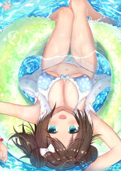 Rule 34 | 1girl, absurdres, afloat, alternate hairstyle, arms at sides, azur lane, bikini, blue eyes, breasts, brown hair, cleavage, collarbone, commentary request, double bun, fang, floating, hair bun, highres, innertube, kana (kuaua), le mars (azur lane), le mars (ete brillant) (azur lane), looking at viewer, medium breasts, navel, open mouth, smile, solo, starfish, swim ring, swimsuit, tan, tanline, water