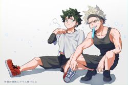Rule 34 | 2boys, 3:, absurdres, arm on thigh, arm rest, bakugou katsuki, bangs pinned back, bare arms, bare shoulders, between legs, black footwear, black headband, black shorts, black tank top, blonde hair, boku no hero academia, bright pupils, check food, chromatic aberration, closed mouth, clothing request, collarbone, commentary request, cross-laced footwear, curly hair, drawstring, eye contact, food, food in mouth, freckles, frown, full body, furrowed brow, green eyes, green hair, grey background, grey shirt, grin, hand between legs, hand up, headband, highres, hot, looking at another, looking to the side, male focus, midoriya izuku, mori dosukoi, mouth hold, multiple boys, on floor, on ground, outstretched legs, partial commentary, polka dot, polka dot shadow, popsicle, popsicle in mouth, raised eyebrows, red eyes, red footwear, scar, scar on chest, scar on hand, scar on shoulder, shadow, shirt, shirt grab, shoe soles, shoes, short hair, shorts, side-by-side, sideways glance, sigh, sign, sitting, sleeveless, smile, sneakers, spiked hair, squatting, sweat, t-shirt, tank top, teeth hold, tied drawstring, triangle, v-shaped eyebrows, white pupils