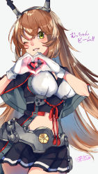 Rule 34 | 1girl, alternate hair length, alternate hairstyle, artist name, black capelet, black jacket, black skirt, breasts, brown hair, capelet, collar, flipped hair, gloves, green eyes, heart, highres, jacket, kantai collection, large breasts, long hair, looking at viewer, metal collar, midriff, mutsu (kancolle), mutsu kai ni (kancolle), navel, one eye closed, pleated skirt, simple background, skirt, solo, striped clothes, striped skirt, togashi (choco-bakama kitchen), upper body, white background, white gloves