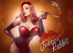 Rule 34 | 1girl, bad deviantart id, bad id, breasts, character name, cigarette, disney, earrings, elbow gloves, eyeshadow, gloves, green eyes, hair over one eye, hand on own hip, hip focus, jessica rabbit, jewelry, kazeki, large breasts, lipstick, makeup, orange hair, realistic, red lips, sequins, smoke, solo, who framed roger rabbit
