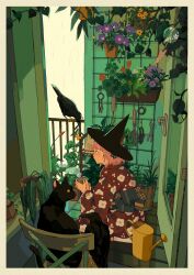 Rule 34 | 1girl, absurdres, back bow, bird, black cat, black hat, blue bow, blue ribbon, border, bow, cat, chair, cloud, cloudy sky, commentary, crow, cup, drink, english commentary, floral print, flower, from side, full body, hair ribbon, hat, highres, holding, holding drink, indoors, japanese clothes, kimono, kneeling, long sleeves, medium hair, mochipanko, obi, open door, original, pansy, parted lips, pink hair, plant, potted plant, purple flower, railing, rain, red flower, red kimono, red sleeves, ribbon, sash, scenery, scissors, shovel, sky, socks, solo, steam, tile wall, tiles, watering can, white border, white flower, white socks, wide sleeves, wind chime, witch, witch hat, wooden floor, yellow flower, yukata, yunomi