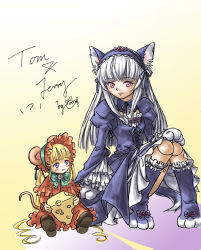 Rule 34 | animal ears, bad id, bad pixiv id, cat ears, cat tail, cheese, cosplay, doll joints, dress, eyebrows, food, joints, mini person, minigirl, mouse ears, mouse tail, orange541, parody, rozen maiden, shinku, suigintou, tail