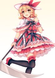 Rule 34 | 1girl, :d, black neckwear, black thighhighs, blonde hair, blush, bow, capelet, drill hair, elly (touhou), hair between eyes, hat, hat bow, highres, holding, holding scythe, leg up, mechrailgun, miniskirt, open mouth, pleated skirt, red bow, red footwear, red skirt, scythe, shiny clothes, shiny legwear, short hair, simple background, skirt, smile, solo, standing, standing on one leg, sun hat, thighhighs, touhou, touhou (pc-98), twin drills, white background, white capelet, white hat, wing collar, wrist cuffs, yellow eyes