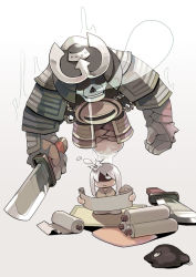 Rule 34 | 1boy, annoyed, armor, brown kimono, chain, closed mouth, commentary request, demon, full body, ghost, helmet, holding, holding scroll, holding sword, holding weapon, incantation samurai, japanese armor, japanese clothes, kabuto (helmet), kimono, kote, kusazuri, long hair, possessed, ragnarok online, reading, rug, scroll, shaded face, simple background, sitting, sleeping, sword, tennohi, water drop, weapon, white background, white hair