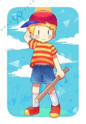 Rule 34 | 0mzum1, 1boy, arm behind head, arm up, baseball bat, baseball cap, blonde hair, blue background, blue eyes, blue shorts, blue sky, blush, blush stickers, border, closed mouth, cloud, commentary request, grass, hat, highres, holding, holding baseball bat, looking at viewer, lucas (mother 3), male focus, mother (game), mother 3, nintendo, outside border, polka dot, red footwear, red hat, red shirt, shirt, shoes, short hair, short sleeves, shorts, sideways hat, sky, smile, socks, solo, standing, striped clothes, striped shirt, sun, t-shirt, triangle, two-tone shirt, white border, white socks, yellow shirt